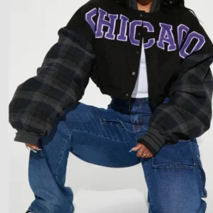 womens black chicago style cropped varsity jacket style