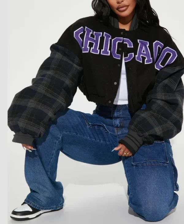 womens black chicago style cropped varsity jacket style