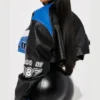 womens blue cropped class of 87 varsity jacket back