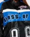 womens blue cropped class of 87 varsity jacket front