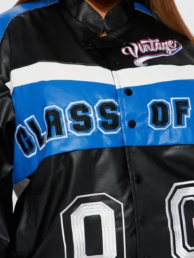 womens blue cropped class of 87 varsity jacket front