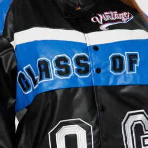 womens blue cropped class of 87 varsity jacket front