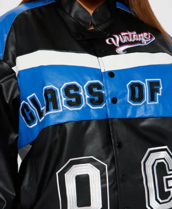 womens blue cropped class of 87 varsity jacket front
