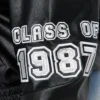 womens blue cropped class of 87 varsity jacket logo