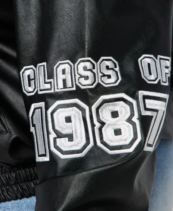 womens blue cropped class of 87 varsity jacket logo