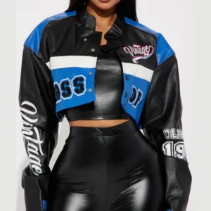 womens blue cropped class of 87 varsity jacket main