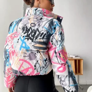 womens boxy fit puffer graffiti varsity jacket back