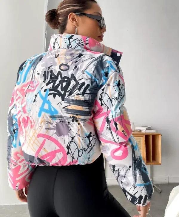 womens boxy fit puffer graffiti varsity jacket back