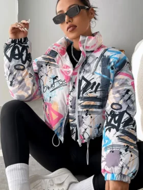 womens boxy fit puffer graffiti varsity jacket main