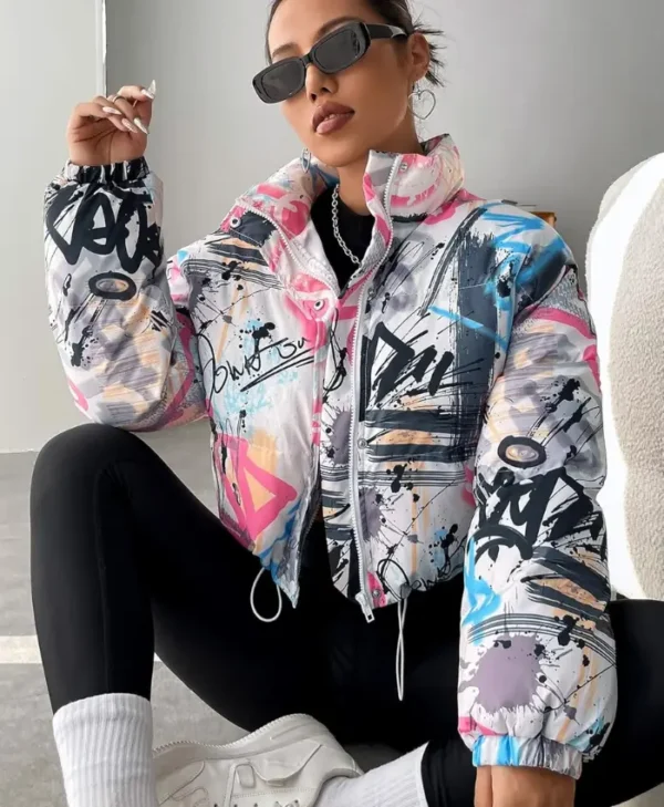 womens boxy fit puffer graffiti varsity jacket main