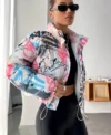 womens boxy fit puffer graffiti varsity jacket side
