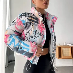 womens boxy fit puffer graffiti varsity jacket side