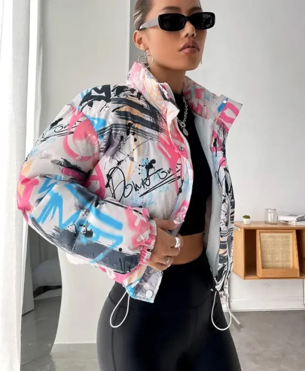 womens boxy fit puffer graffiti varsity jacket side