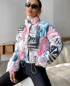 womens boxy fit puffer graffiti varsity jacket style