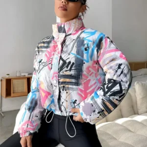 womens boxy fit puffer graffiti varsity jacket style