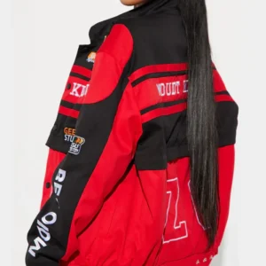 womens boxy fit red bomber jacket back