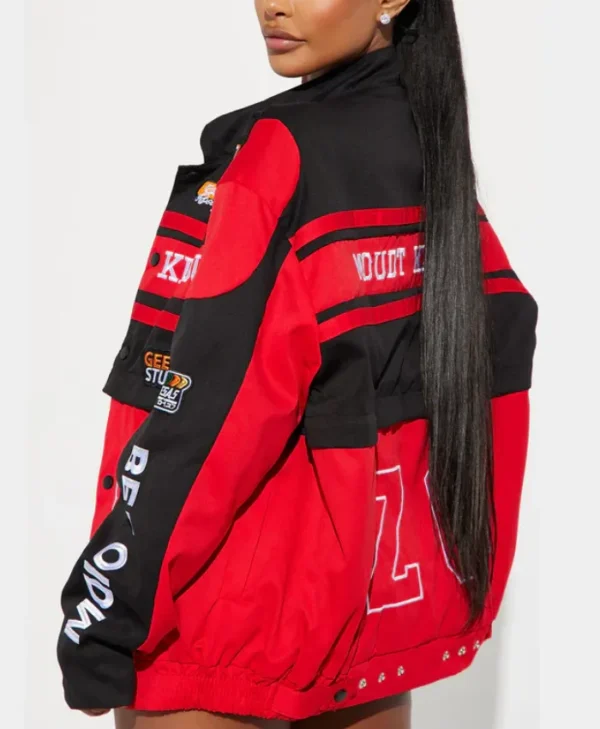 womens boxy fit red bomber jacket back