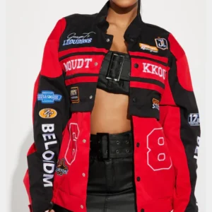 womens boxy fit red bomber jacket front