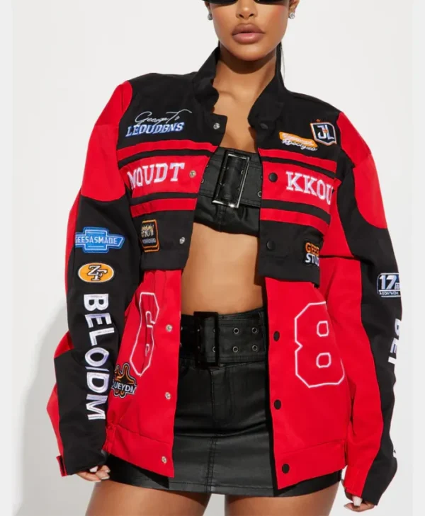 womens boxy fit red bomber jacket front