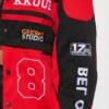 womens boxy fit red bomber jacket logo