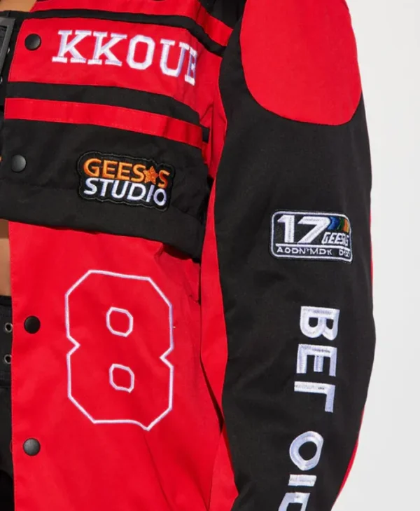 womens boxy fit red bomber jacket logo