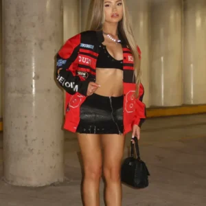 womens boxy fit red bomber jacket main