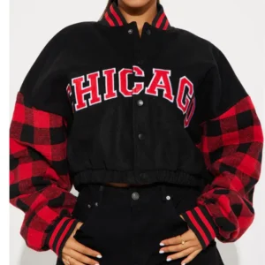 womens cropped black chicago varsity jacket Thir