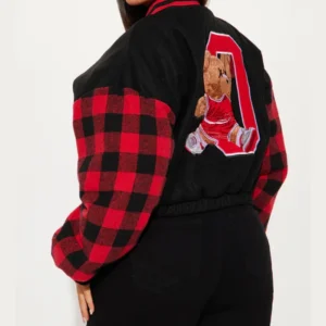 womens cropped black chicago varsity jacket back