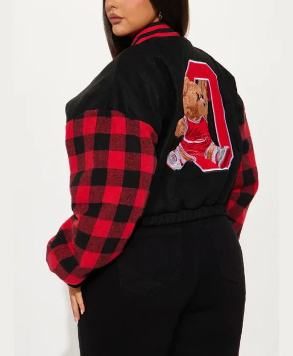 womens cropped black chicago varsity jacket back
