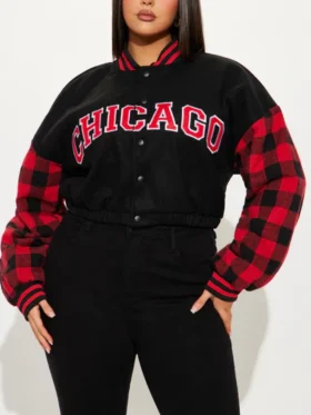 womens cropped black chicago varsity jacket main