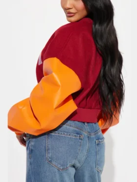 womens cropped boxy fit graffiti varsity jacket back