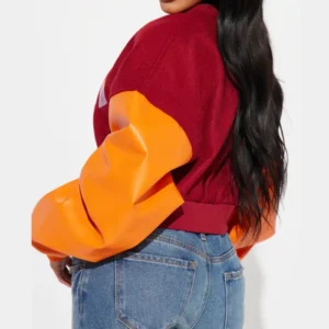 womens cropped boxy fit graffiti varsity jacket back