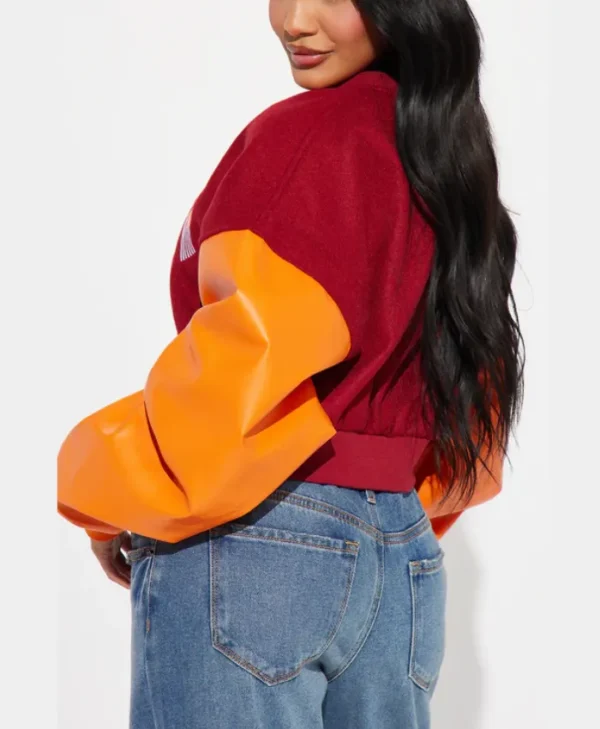 womens cropped boxy fit graffiti varsity jacket back