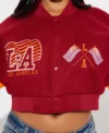 womens cropped boxy fit graffiti varsity jacket buttoned