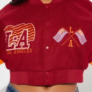 womens cropped boxy fit graffiti varsity jacket buttoned