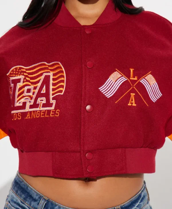 womens cropped boxy fit graffiti varsity jacket buttoned