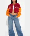 womens cropped boxy fit graffiti varsity jacket front