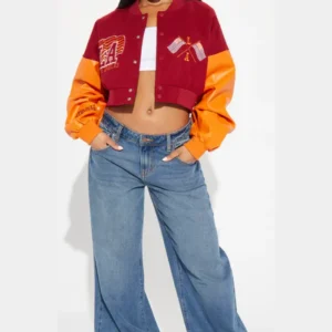 womens cropped boxy fit graffiti varsity jacket front