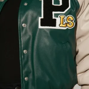 womens leather green graffiti hallways varsity jacket logo