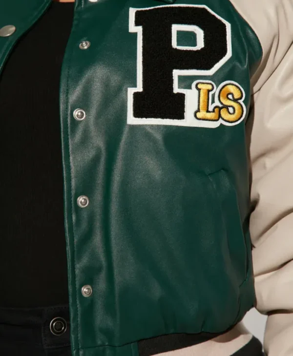 womens leather green graffiti hallways varsity jacket logo