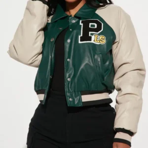 womens leather green graffiti hallways varsity jacket main