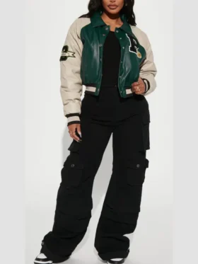 womens leather green graffiti hallways varsity jacket third