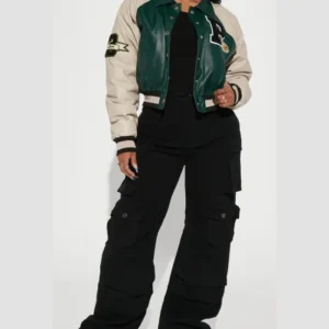 womens leather green graffiti hallways varsity jacket third