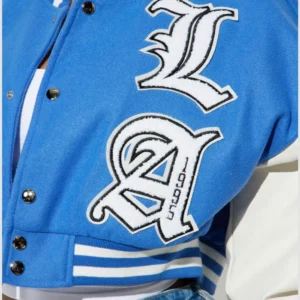 womens los angeles blue 95 cropped varsity jacket logo