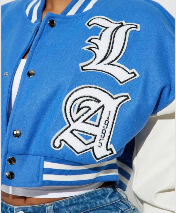 womens los angeles blue 95 cropped varsity jacket logo