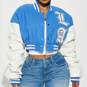 womens los angeles blue 95 cropped varsity jacket main