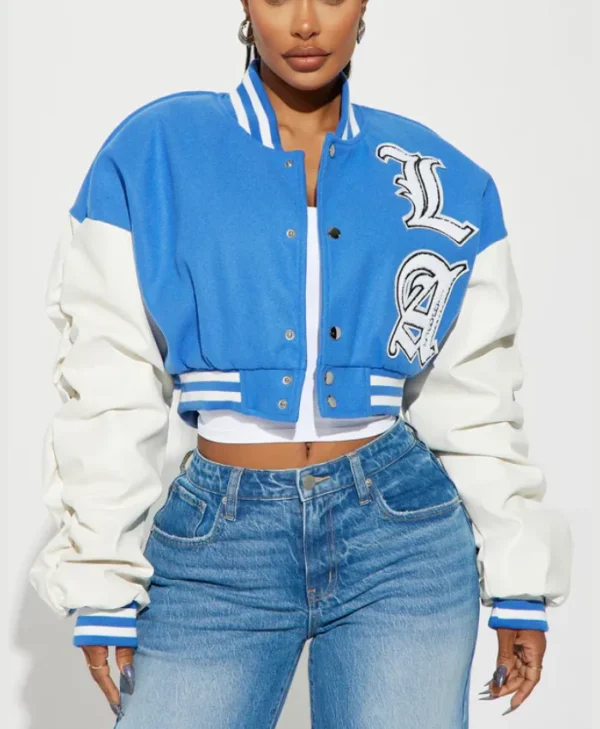 womens los angeles blue 95 cropped varsity jacket main