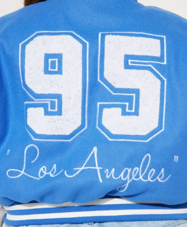 womens los angeles blue 95 cropped varsity jacket patched