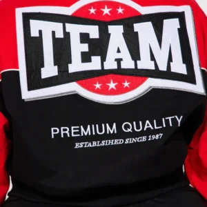 womens red boxy fit need for speed bomber jacket back