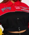 womens red boxy fit need for speed bomber jacket buttoned